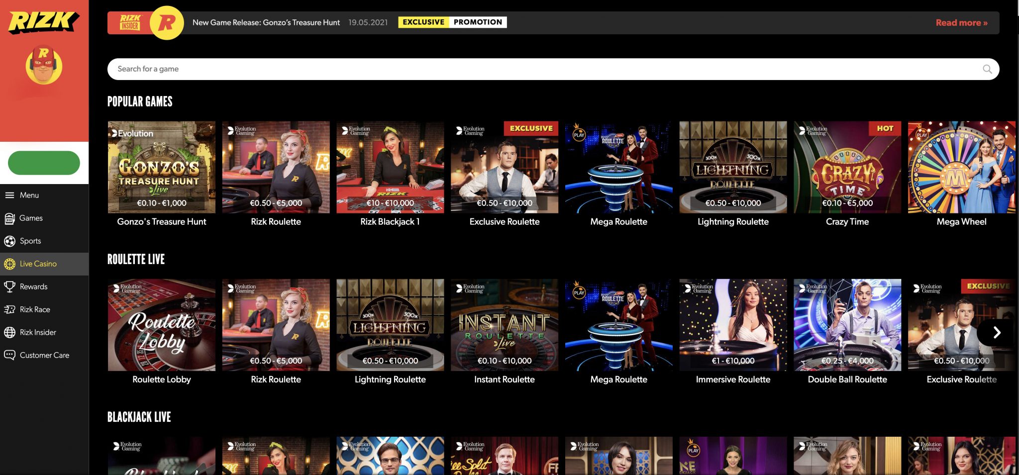 Rizk Live Casino Interface